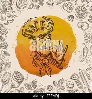Handskizze glücklich Koch und das Essen. Vektor-illustration Stock Vektor