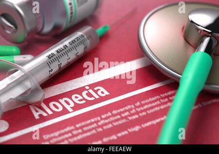 Alopezie. Medizinisches Konzept auf rotem Grund. Stockfoto