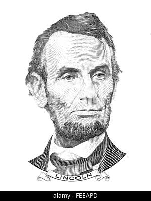 Abraham Lincoln Portrait isoliert auf weißem Hintergrund Stockfoto