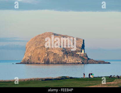 12. Oktober 2014, The Glen Golf Course und dem Bass Rock, North Berwick, UK. Golfer auf 15. Fairway mit dem Bass Rock hinter. Stockfoto