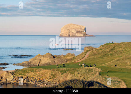 12. Oktober 2014 The Glen Golf Course und Bass Rock, North Berwick UK. Golfer am 13., "Meer Loch" mit dem Bass Rock hinter. Stockfoto