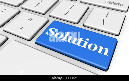 Lösung Zeichen und Buchstaben auf einer blauen Computertastatur für Blog und Web Business Konzept 3d Illustration. Stockfoto