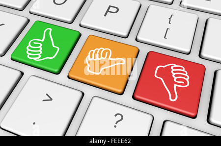 Qualität Service Kunden Feedback, Rating und Umfrage Geschäftsschlüssel mit Händen, Daumen hoch Symbol und Ikone auf Computer-Tastatur. Stockfoto