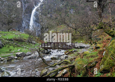 Holzsteg an Aber Falls ein beliebtes Touristenziel an der North Wales Long Distance Pfad, Snowdonia-Nationalpark, Wales Stockfoto
