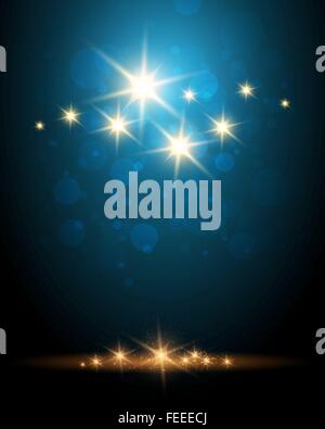 Festliche blauer Hintergrund mit leuchtenden Sternen und Luftblasen. Stock Vektor