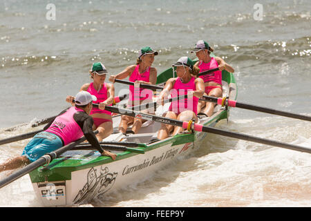 Sydney, Australien. 6. Februar 2016. Ocean Thunder Surfboat Racing Carnival eine im Fernsehen ausgestrahlte professionelle Surfbootrennen in Collaroy Beach, Sydney, NSW, mit erstklassigen Surfbootserien für Männer und Frauen. Kredit: model10/Alamy Live News Stockfoto