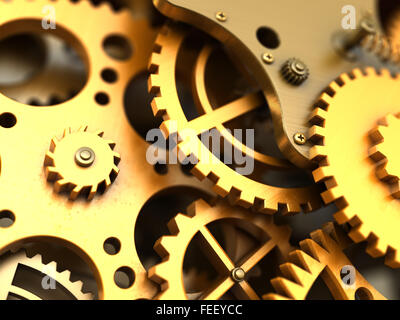 Fantasy goldene Uhrwerk oder Teil einer Maschine. Closeup Zahnräder. Industrielle 3d Illustration. Stockfoto