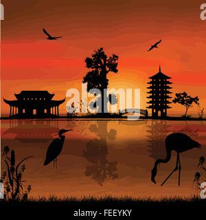 Schöne asiatische Landschaft in der Nähe von Wasser auf dem Sunset, Vektor-illustration Stock Vektor