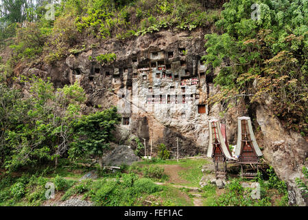 LEMO ist Klippen alte Grabstätte in Tana Toraja. Galerien von Tau-Tau bewachen die Gräber. Süd-Sulawesi, Indonesien Stockfoto