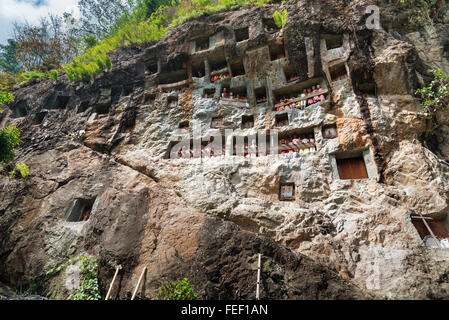 LEMO ist Klippen alte Grabstätte in Tana Toraja. Galerien von Tau-Tau bewachen die Gräber. Süd-Sulawesi, Indonesien Stockfoto