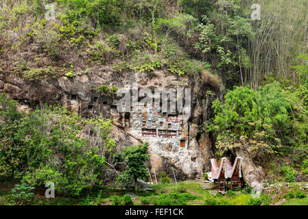 LEMO ist Klippen alte Grabstätte in Tana Toraja. Galerien von Tau-Tau bewachen die Gräber. Süd-Sulawesi, Indonesien Stockfoto