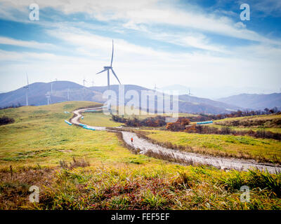 Trailläufer verläuft entlang einem Bergrücken mit Windkraftanlagen. Stockfoto