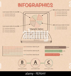 Info-Grafik mit Laptop, Kreisdiagramm, Balkendiagramm und Design-Elemente Stockfoto