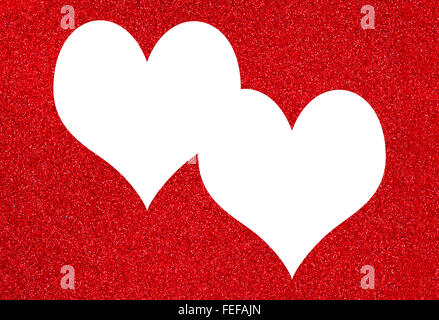 Zwei weiße Herzen auf eine rote Textured, Glitzer Hintergrund mit Kopie Raum viel Platz für Text, ideal für Valentinstag, Plakat, Stockfoto