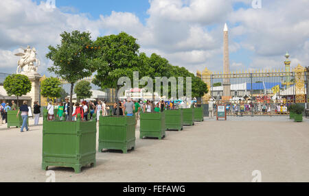 Paris, Frankreich - 8. Juli 2015: Touristen besuchen Les Jardins des Tuileries und der Place De La Concorde eine Woche vor dem Nationalfeiertag o Stockfoto