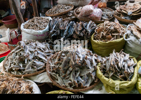 Marktstand mit verschiedenen Arten von getrockneten Fisch. Nyaung U (Bagan), Mandalay Region, Myanmar. Stockfoto