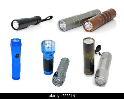 Elektrische Taschenlampen mit LED-Beleuchtung isoliert auf weißem Hintergrund. Collage Stockfoto