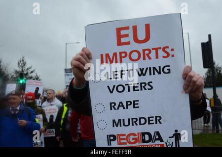 Birmingham, Vereinigtes Königreich. 6. Februar 2016. Demonstrant hält ein Plakat gegen die Aktionen der EU. Bildnachweis: Marc Ward/Alamy Live-Nachrichten Stockfoto