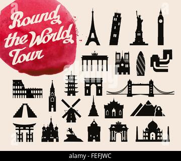 historische Gebäude der Welt. Reihe von Icons, Symbole Stock Vektor