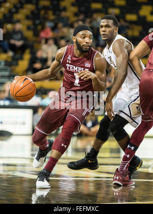 Orlando, FL, USA. 6. Februar 2016. Tempel bewachen Josh Brown (1) während der 1. Hälfte Mens NCAA Basketball Spiel-Aktion zwischen den Tempel Eulen und UCF Knights im CFE Arena in Orlando, FL. Romeo T Guzman/CSM/Alamy Live News Stockfoto