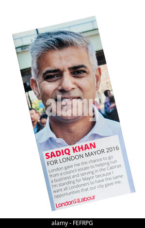 Ein Merkblatt Sadiq Khan, Labour-Partei Anwärter für Bürgermeister von London im Jahr 2016 zu unterstützen. Stockfoto