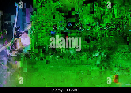 Verschlüsselten Kabel-TV ausgestrahlt, Signal, TV Bildschirm Display digital Glitch, TV-Ausfall, digitale Artefakte auf high-definition Stockfoto