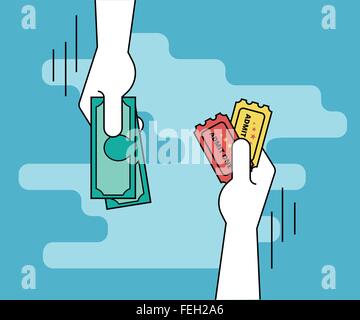 Ticketkauf flache Linie Kontur Darstellung der menschlichen Hand zurückzieht, Bargeld Stock Vektor