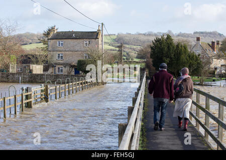 Reybridge, Wiltshire, UK. 7. Februar 2016. Tiefen Fluten wurde die Zufahrt zum Weiler Reybridge geschlossen. Die unerbittliche Starkregen in den letzten 12 Stunden hat der Fluß Avon an seine Ufer überschwemmen, Häuser, Gärten und Felder verursacht. Bildnachweis: Wayne Farrell/Alamy Live-Nachrichten Stockfoto