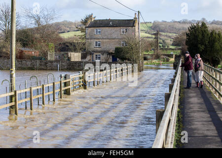 Reybridge, Wiltshire, UK. 7. Februar 2016. Tiefen Fluten wurde die Zufahrt zum Weiler Reybridge geschlossen. Die unerbittliche Starkregen in den letzten 12 Stunden hat der Fluß Avon an seine Ufer überschwemmen, Häuser, Gärten und Felder verursacht. Bildnachweis: Wayne Farrell/Alamy Live-Nachrichten Stockfoto