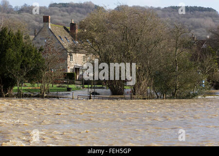 Reybridge, Wiltshire, UK. 7. Februar 2016. Tiefen Fluten wurde die Zufahrt zum Weiler Reybridge geschlossen. Die unerbittliche Starkregen in den letzten 12 Stunden hat der Fluß Avon an seine Ufer überschwemmen, Häuser, Gärten und Felder verursacht. Bildnachweis: Wayne Farrell/Alamy Live-Nachrichten Stockfoto