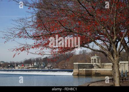 Ansicht der Fairmont Wasserwerk und Bootshaus Zeile von der Fußgängerzone mit Sanddorn Baum im Vordergrund in einem br Stockfoto