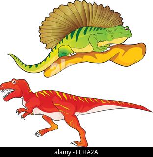 Niedliche Gruppe Dinosaurier Vektor cartoon viele Aktionen. Tyrannosaurus lesothosaurus Iguanodon stegosaurus Styracosaurus diplodocus Allosaurus thrinaxodon Stock Vektor