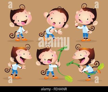 Vektor-Illustration niedliche Affe junge Charakter viele Maßnahmen und Aktionen Stock Vektor