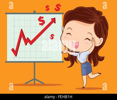 Business Mann und Frau präsentieren Marketing Daten auf einem Bildschirm board erklären, Charts. Business Seminar. Flat Style Vector Illustration Stock Vektor