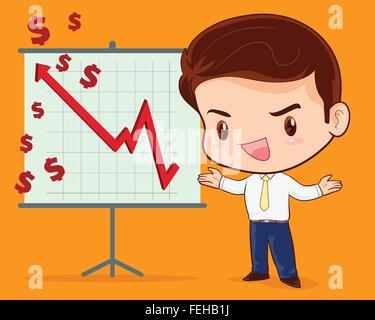 Business Mann und Frau präsentieren Marketing Daten auf einem Bildschirm board erklären, Charts. Business Seminar. Flat Style Vector Illustration Stock Vektor