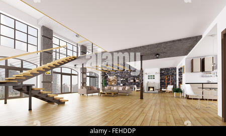 Loft Apartment Innenraum, Wohnzimmer, Küche, Treppenhaus, 3D-Rendering Stockfoto