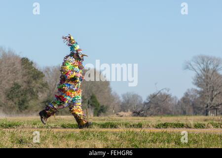 Ein Cajun Karneval Zecher in traditioneller Tracht durchzieht die Landschaft während der Kirche Punkt Courir de Karneval 7. Februar 2016 in Kirche-Punkt, Louisiana. Nachtschwärmer toben durch die Landschaft verursachen Unfug und betteln dann feiern, indem Sie tanzen. Stockfoto