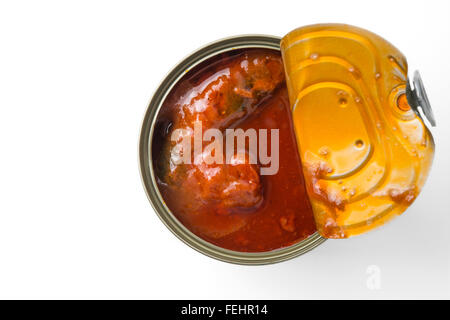 offenen Dose Sardinen in Tomatensoße Stockfoto