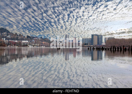 Portland Oregon und South Waterfront Skyline Reflexion am Willamette River mit blauem Himmel und weißen Wolken Stockfoto