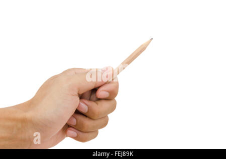 Hand und Bleistift auf dem weißen isoliert. Stockfoto