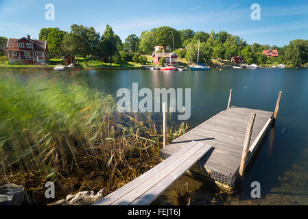 Reed und Holzsteg an einer Bucht mit typisch roten schwedischen Häuser, Boote und Yachten auf Yxlan Insel im Sommer, Schweden Stockfoto