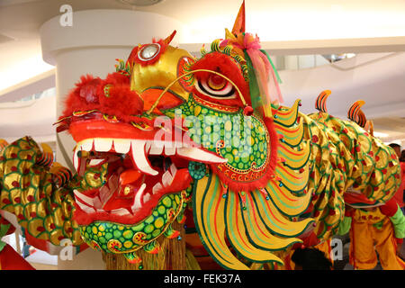 Bangkok, Thailand. 8. Februar 2016. Drachen bringt Glück für das chinesische Neujahr gehen überall in Bangkok, Thailand, einschließlich rund um die Shopping-Malls, sogar die Rolltreppen zwischen den Stockwerken zu reiten. Es war schon ein toller Anblick im Silom Complex Shopping Mall zu sehen, einen riesigen goldenen Drachen zu Fuß rund um die Kaufhäuser und eine Fahrt mit der Rolltreppe, im Jahr des Affen zu feiern und Geschenke aus dem Shop-Personal zu erhalten. Bildnachweis: Paul Brown/Alamy Live-Nachrichten Stockfoto