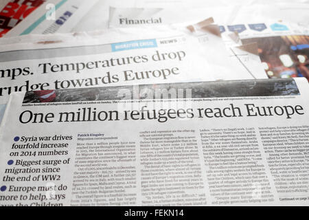 Startseite-Schlagzeile in der Zeitung "Guardian" 23. Dezember 2015 "1 Million Flüchtlinge erreichen Europa" London UK. Stockfoto