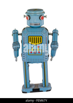 Zinn Roboter auf weißem Hintergrund Stockfoto