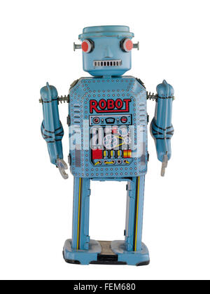 Zinn Roboter auf weißem Hintergrund Stockfoto