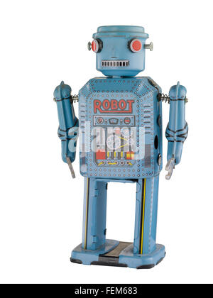 Zinn Roboter auf weißem Hintergrund Stockfoto