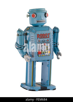 Zinn Roboter auf weißem Hintergrund Stockfoto