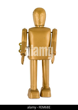 Gold Vintage Retro Roboter isoliert auf weißem Stockfoto