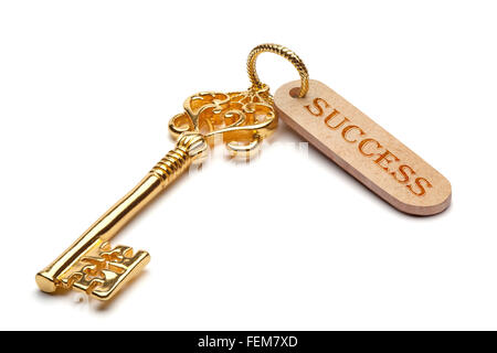 Goldene Schlüssel zum Erfolg, isoliert auf weißem Hintergrund, Clipping-Pfad enthalten. Stockfoto