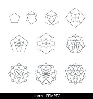 Vektor-Pentagon schwarzen Umriss monochrome Varianten Heilige Geometrie Dekoration Elemente isoliert Sammlung weißer Hintergrund Stock Vektor